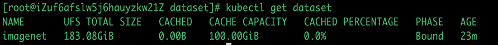 官方 Dataset 状态示例:UFS Total SIZE 1.08GiB、CACHED 100KiB、CACHE CAPACITY 0.08、HIT RATE 0、AGE 23m