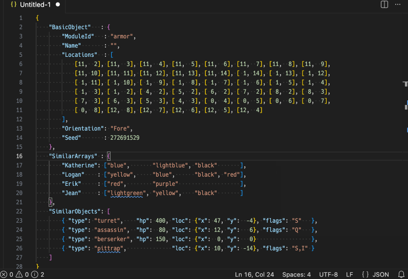 VS Code 中 FracturedJson 格式化整份文档:相似数组与对象按列对齐成表格,短值保持单行