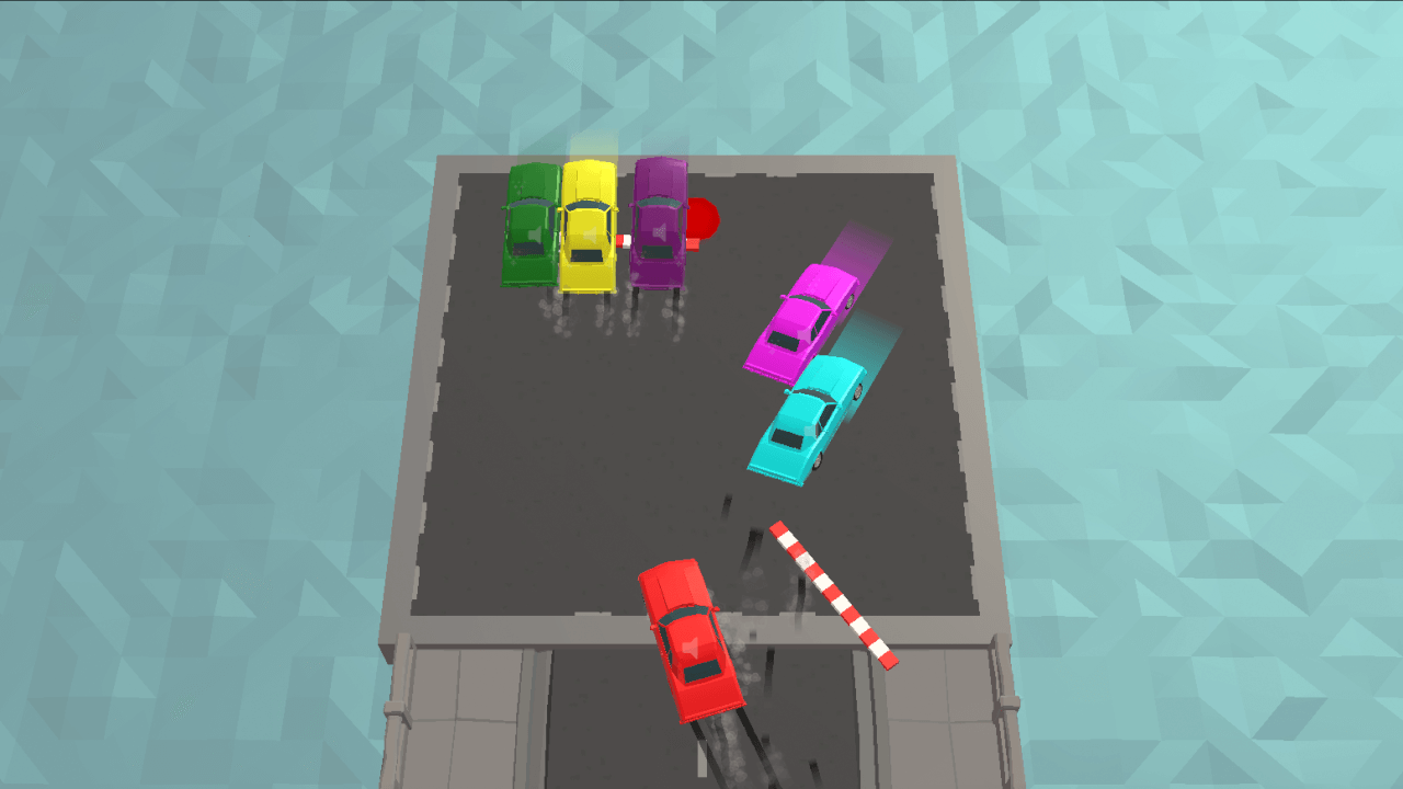 Party Cars: Ferry Race 实机画面：多辆彩色小车在水上平台抢位，低多边形风格