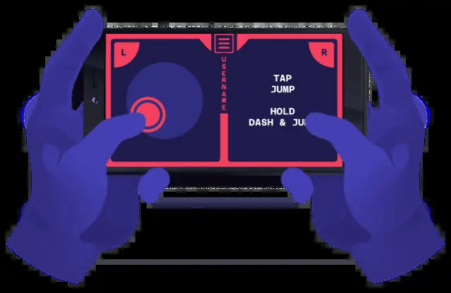 官方控制器示意图：手机横屏后左侧虚拟摇杆、右侧 TAP JUMP / HOLD DASH & JUMP