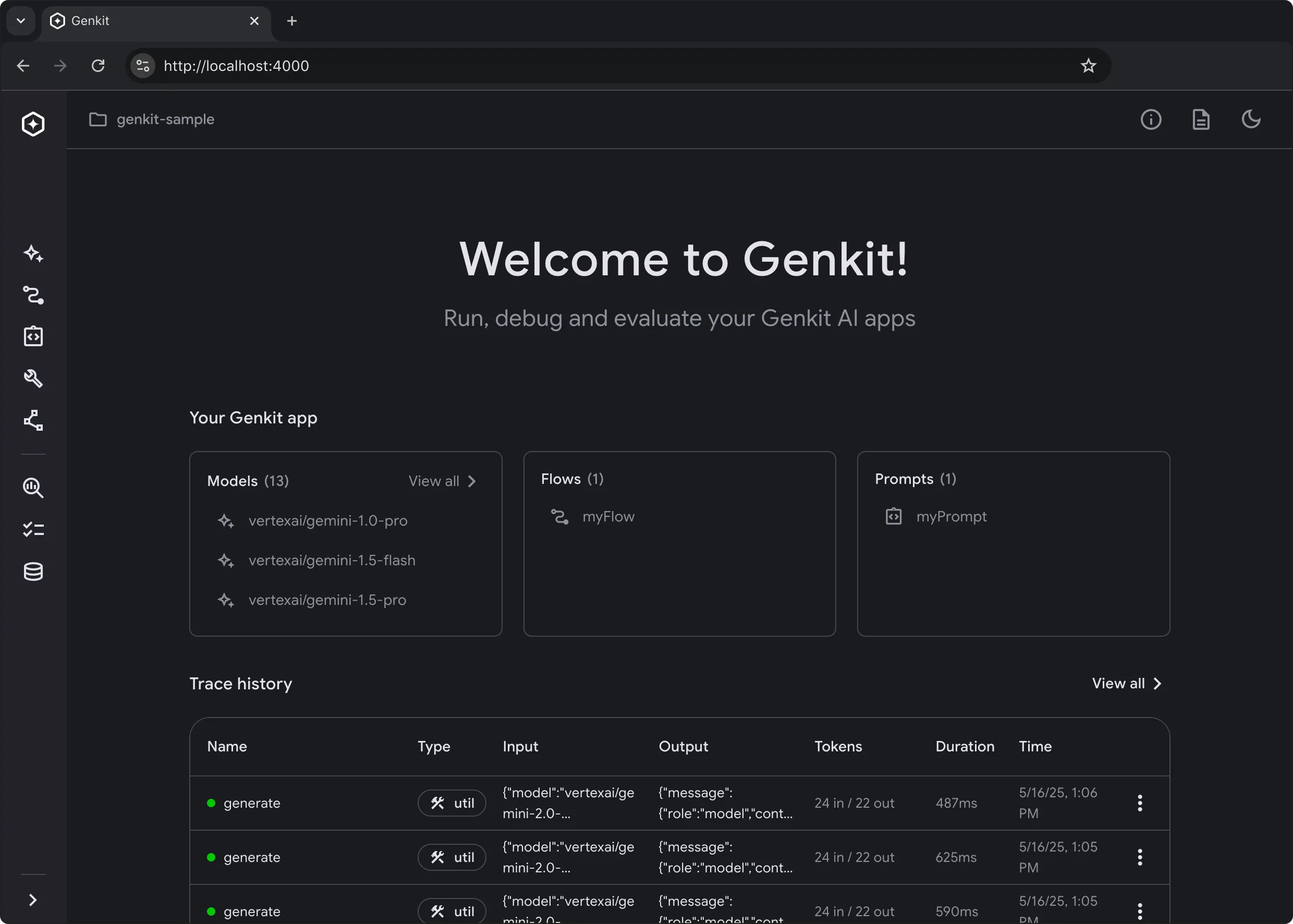 Genkit Developer UI 本地调试界面：左侧导航列出已注册的 Models（13 个，如 vertexai/gemini-1.5-pro）、Flows 与 Prompts；下方 Trace history 展示每次 generate 的 token 用量（24 in / 22 out）与耗时（487ms、625ms、590ms）