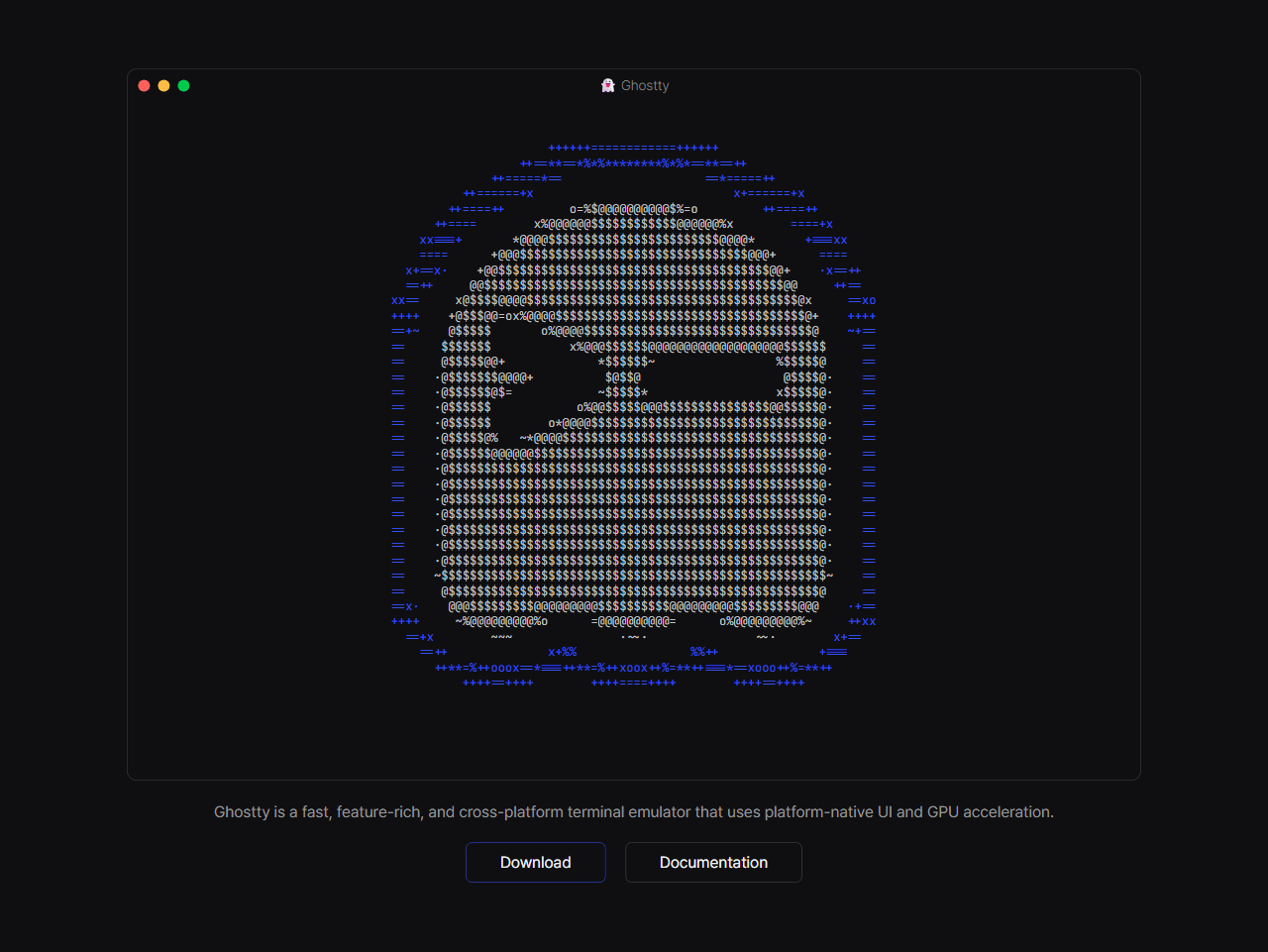 Ghostty 官网主视觉：一个 GPU 加速、跨平台的原生 UI 终端模拟器