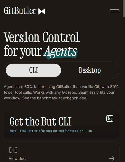 GitButler 官网首页:"Version Control for your Agents"
