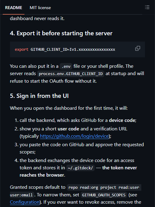 gitdeck 的 OAuth Device Flow 说明：token 存在 ~/.gitdeck，浏览器接触不到