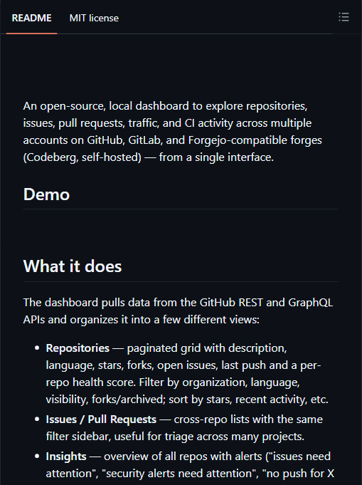 gitdeck 定位：一个界面里跨多个 GitHub/GitLab/Forgejo 账号浏览仓库、Issue、PR、流量与 CI
