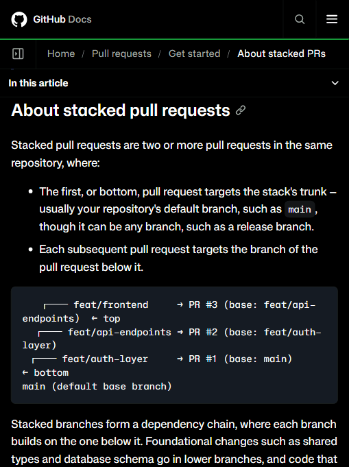 GitHub 官方文档中的堆叠 PR 依赖链示意