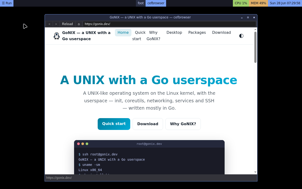 cefbrowser 在 GoNIX 桌面上实时渲染 gonix.dev 本站;页面由跑在 box 容器里的 Chromium(CEF) 渲染,窗口与外壳由纯 Go 的 wlui 绘制