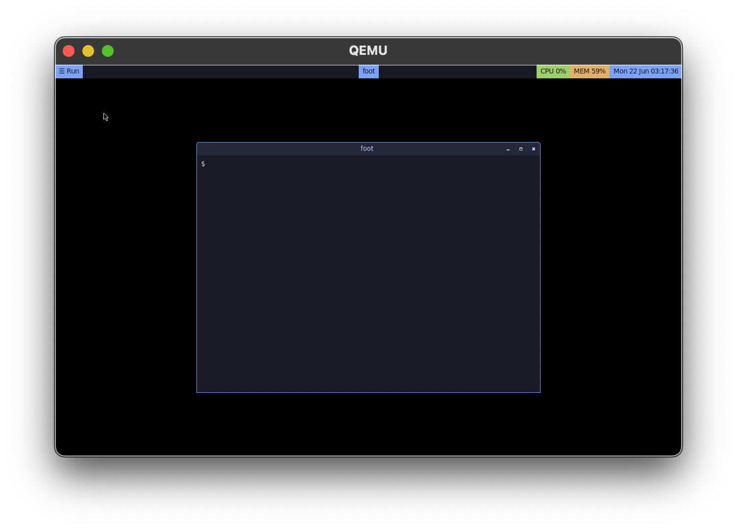 GoNIX 的 Wayland 桌面:QEMU 中运行 labwc 合成器、foot 终端与 yambar 状态栏