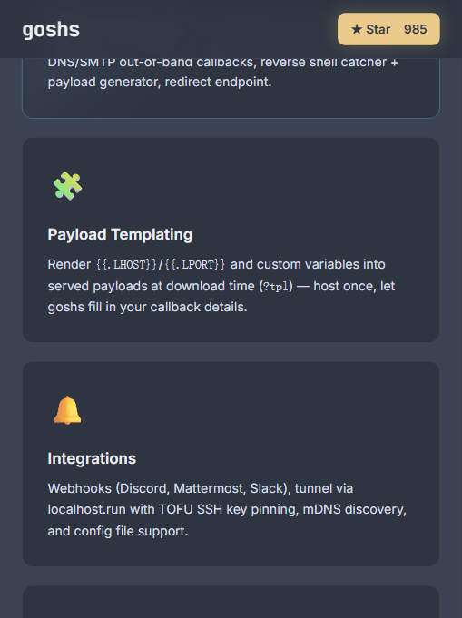 goshs 的 Payload 模板与集成:下载时渲染 {{.LHOST}}/{{.LPORT}},内置 webhook 与隧道