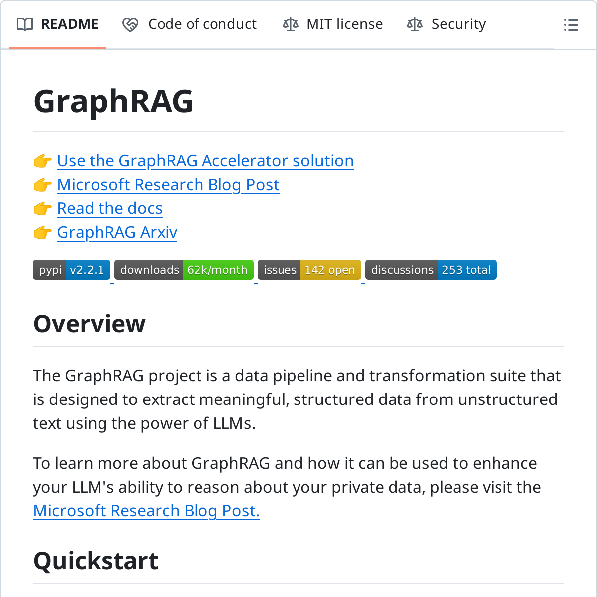 GraphRAG 官方 README:MIT 协议的开源数据管道,PyPI v2.2.1、月下载约 6.2 万