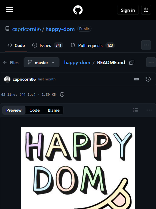 Happy DOM 官方仓库:README 仅 62 行,但挂着 341 个 open issue 与 123 个 open PR