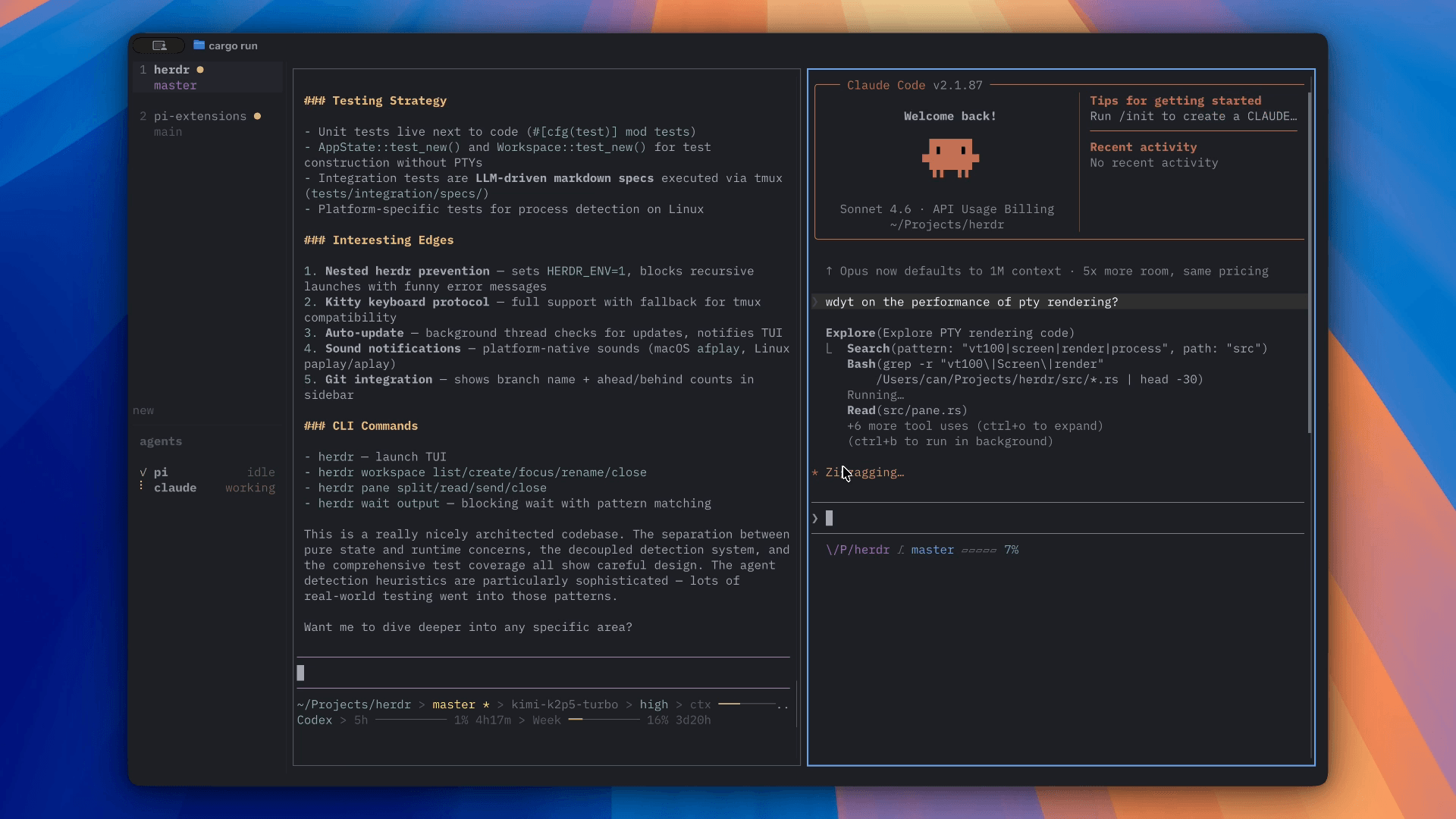 Herdr 真实界面:左侧工作区与 Agent 状态列表,右侧窗格内是正在工作的 Claude Code
