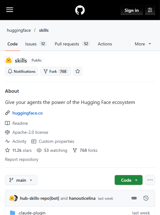 huggingface/skills 仓库主页：11.2k stars、Apache-2.0（官方截图）