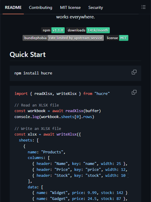 Hucre npm 包信息：v1.1.0、月下载约 14.1 万、MIT 协议