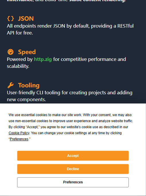 Jetzig 官网特性区:JSON——所有端点默认渲染 JSON,白送一套 RESTful API;Speed——由 http.zig 驱动,追求有竞争力的性能与可扩展性;Tooling——友好的 CLI 用于创建项目与新增组件
