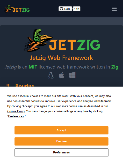 Jetzig 官网首页:Logo 是一只骑着火箭的蜥蜴,副标题 "Jetzig Web Framework",并标注 "Jetzig is an MIT licensed web framework written in Zig",顶部可见 GitHub Stars 约 1.5k