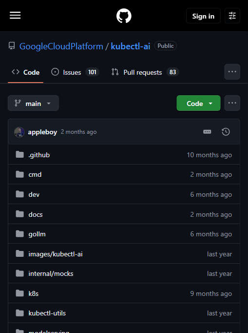 GoogleCloudPlatform/kubectl-ai 仓库结构:gollm(多模型抽象)、k8s、kubectl-utils、modelserving 等,Apache-2.0 协议