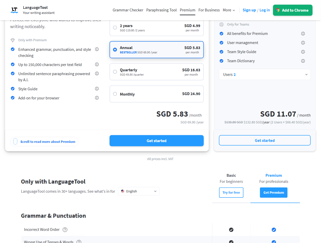 LanguageTool Premium 定价:个人档月/季/年/两年四档,团队档另计