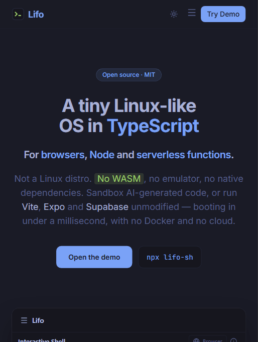Lifo 官网首屏:用纯 TypeScript 实现的类 Linux 环境,面向浏览器、Node 与 serverless