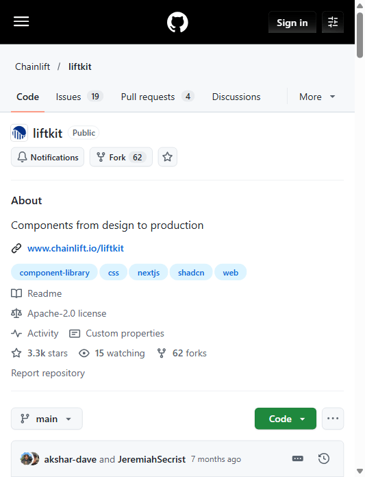 Chainlift/liftkit 仓库元信息：About "Components from design to production"，Apache-2.0，主题 nextjs/shadcn/css，约 3.3k stars、62 forks（调研日 GitHub 页面）