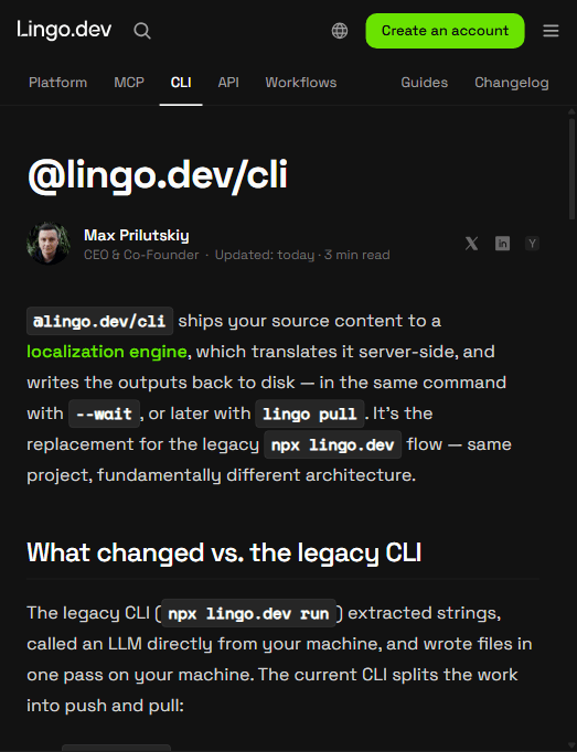 Lingo.dev 官方 CLI 文档：@lingo.dev/cli 将内容推送到服务端引擎翻译，再 pull 回本地