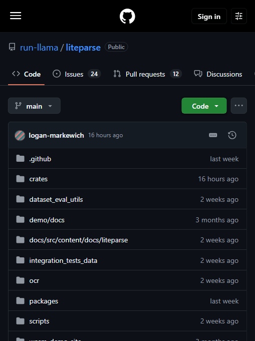 LiteParse 官方仓库:run-llama 出品,24 issues / 12 PRs,Apache-2.0