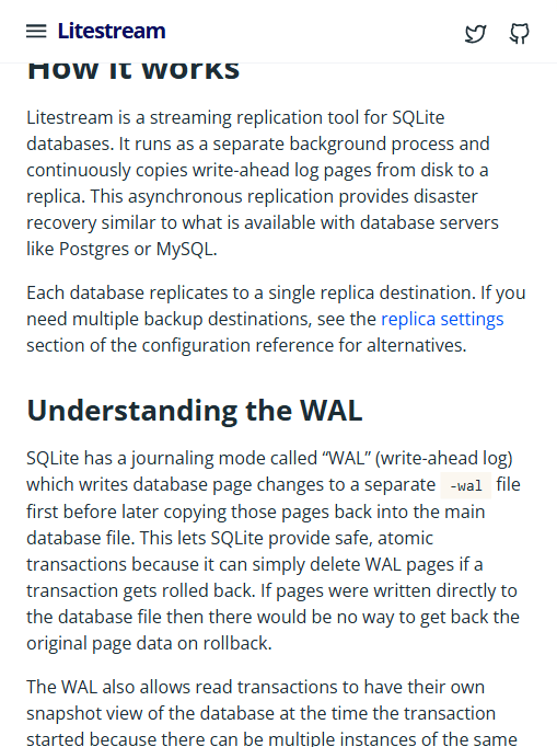 Litestream 官方 How it works:流式复制 WAL 页到副本