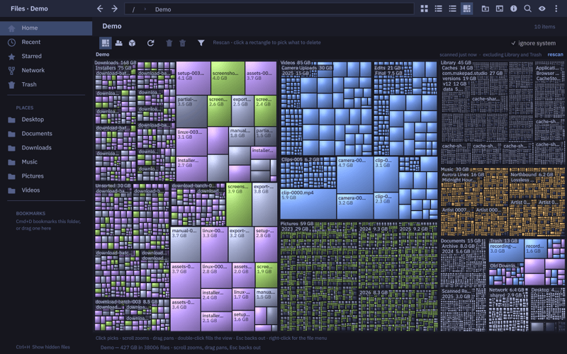 Makepad 文件管理器演示:在模拟的 38,000 个文件上渲染磁盘占用 treemap