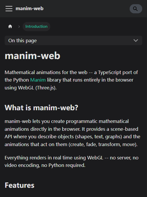 manim-web 官方文档首页:定位为"面向 Web 的数学动画",用 TypeScript 移植 Python Manim,基于 WebGL(Three.js)