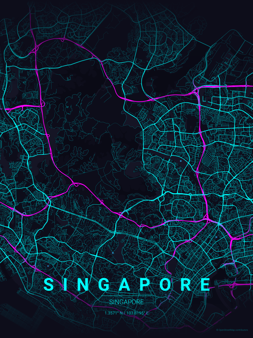 新加坡 neon_cyberpunk 主题海报:深色底上洋红色快速路与青色次干道分层描出路网,底部带城市名、国家名与经纬度(官方示例,© OpenStreetMap contributors)
