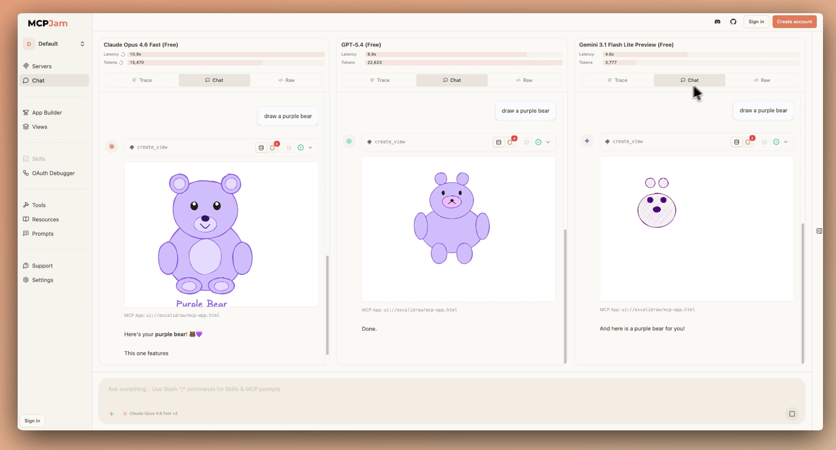 MCPJam 并排对比三个前沿模型:同为「画一只紫色熊」指令,时延与 Token 消耗差异显著