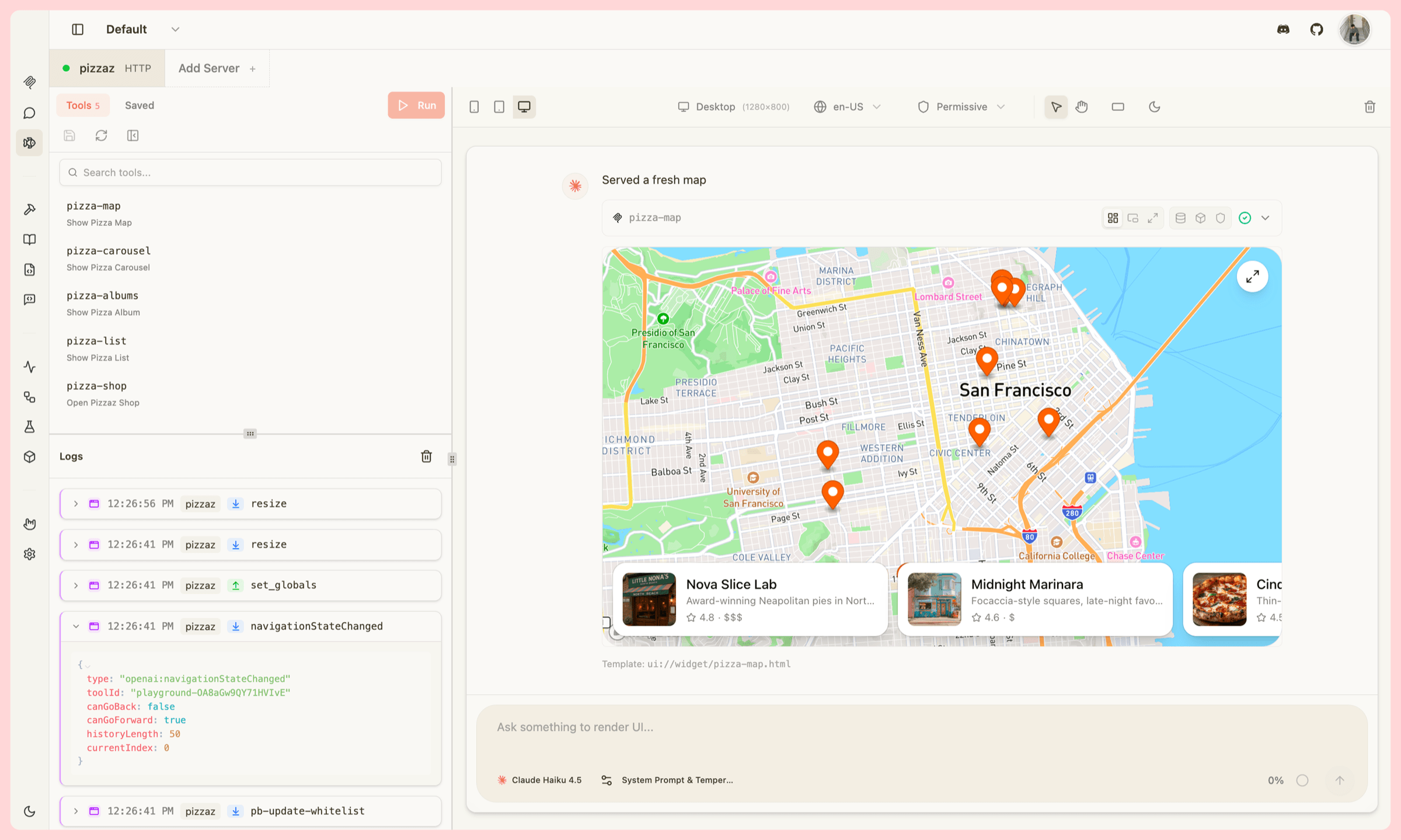 MCPJam Playground:左侧工具树与 JSON-RPC 日志,右侧实时渲染地图 Widget