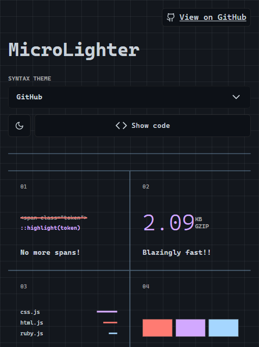 MicroLighter 首页：被划掉的 span 与 ::highlight()，gzip 后 2.09KB