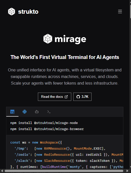 Mirage 首页:定位「The World's First Virtual Terminal for AI Agents」,约 3.7K star