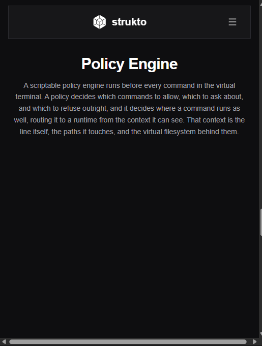Mirage 的 Policy Engine:每条命令执行前先过脚本化策略,决定允许/询问/拒绝以及路由到哪个运行时