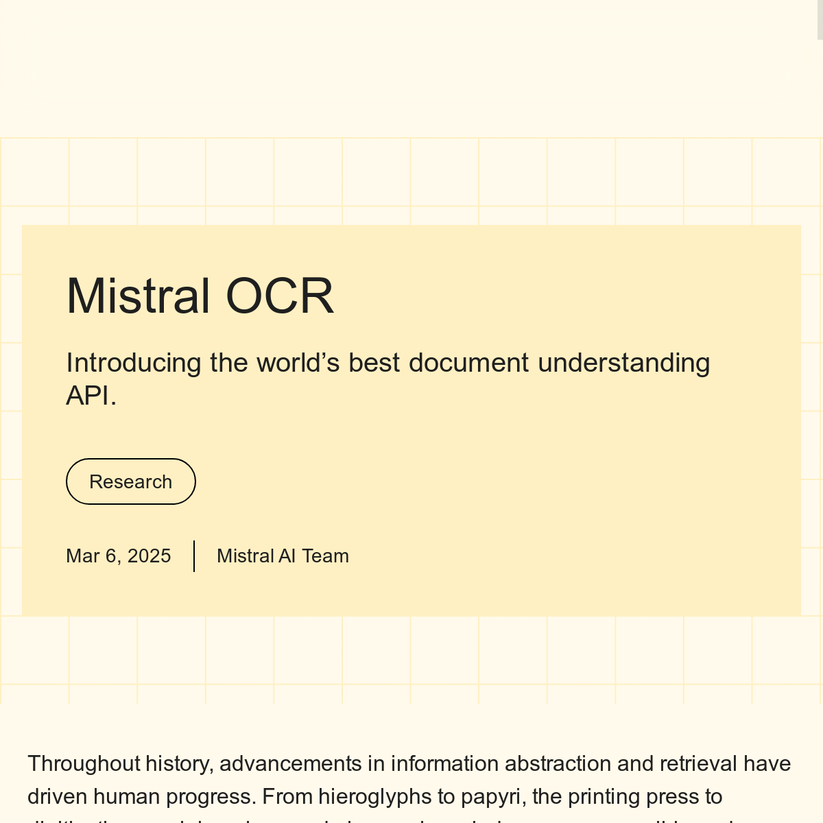 Mistral OCR 官方公告头图:Introducing the world's best document understanding API(2025-03-06,Mistral AI Team)