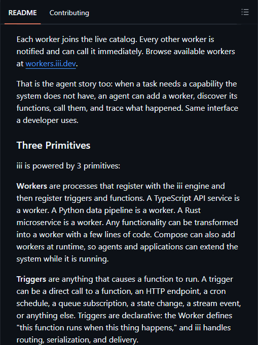 iii 的三个原语:Worker 注册 trigger 与 function,trigger 声明式决定何时触发