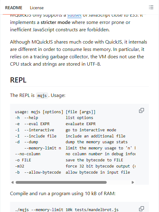mquickjs 官方 GitHub README 节选:恒为 stricter mode、追踪式垃圾回收、VM 不使用 CPU 栈、字符串存为 UTF-8;REPL 为 mqjs,可用 --memory-limit 10k 跑 tests/mandelbrot.js