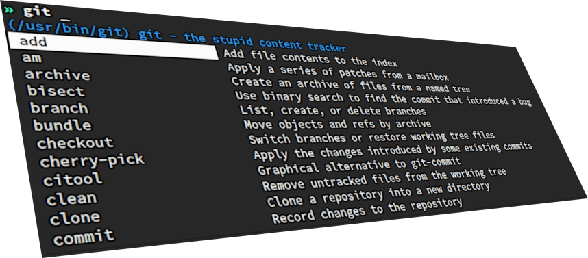 Murex 终端里输入 git 时的内联实时补全：列出 add、am、archive、bisect、branch、bundle、checkout、cherry-pick、citool、clean、clone、commit 等子命令，并在右侧给出每条命令的官方一句话说明