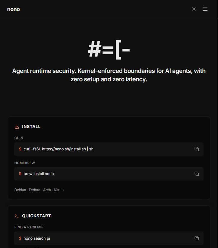nono 官网首屏:标语"Agent runtime security,内核强制边界,零配置零延迟",与 curl/brew 安装命令