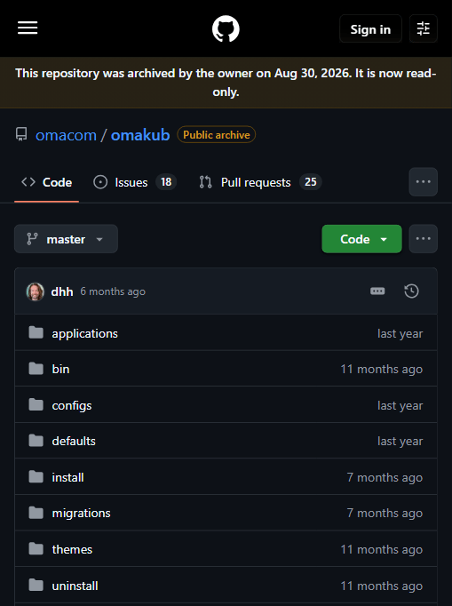 归档的 omakub 仓库:applications/bin/configs/defaults/install/migrations/themes/uninstall 八个目录,最近提交者为 dhh