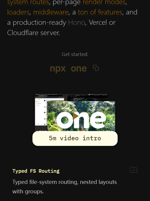 One 官网首页:npx one 一键起步与特性入口