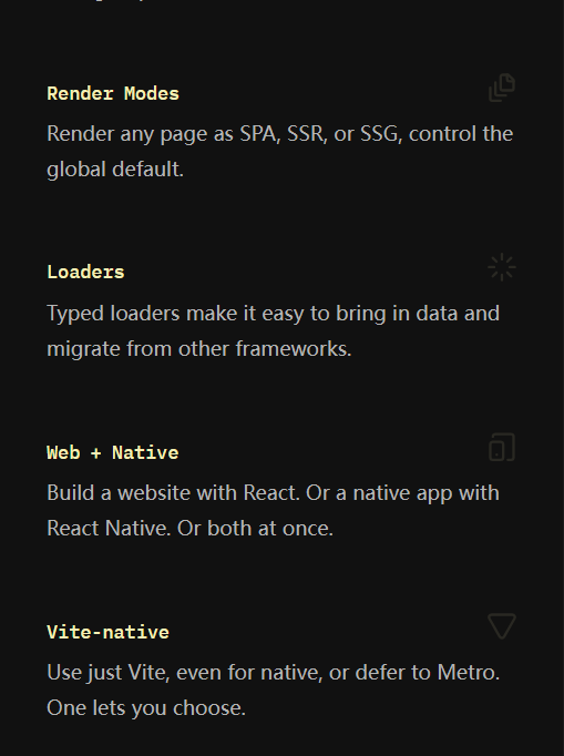 One 官网特性:按页渲染模式、类型化 loader、Web+Native、Vite 原生可选 bundler