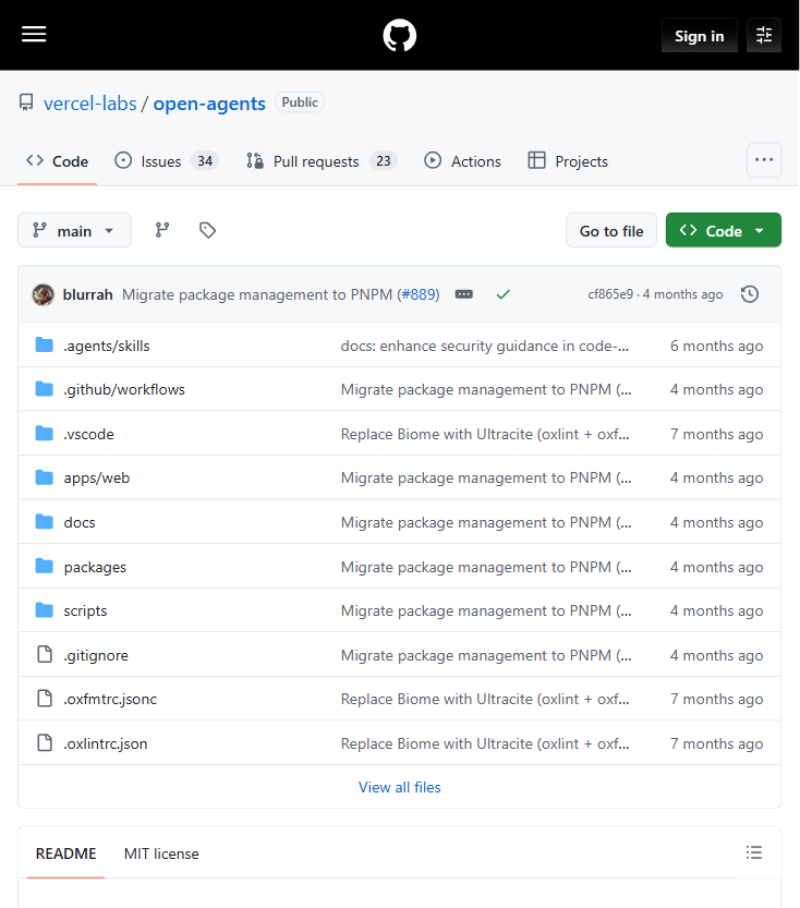 open-agents 仓库结构与元信息(GitHub 官方页面):apps/web、packages、.agents/skills,MIT 协议