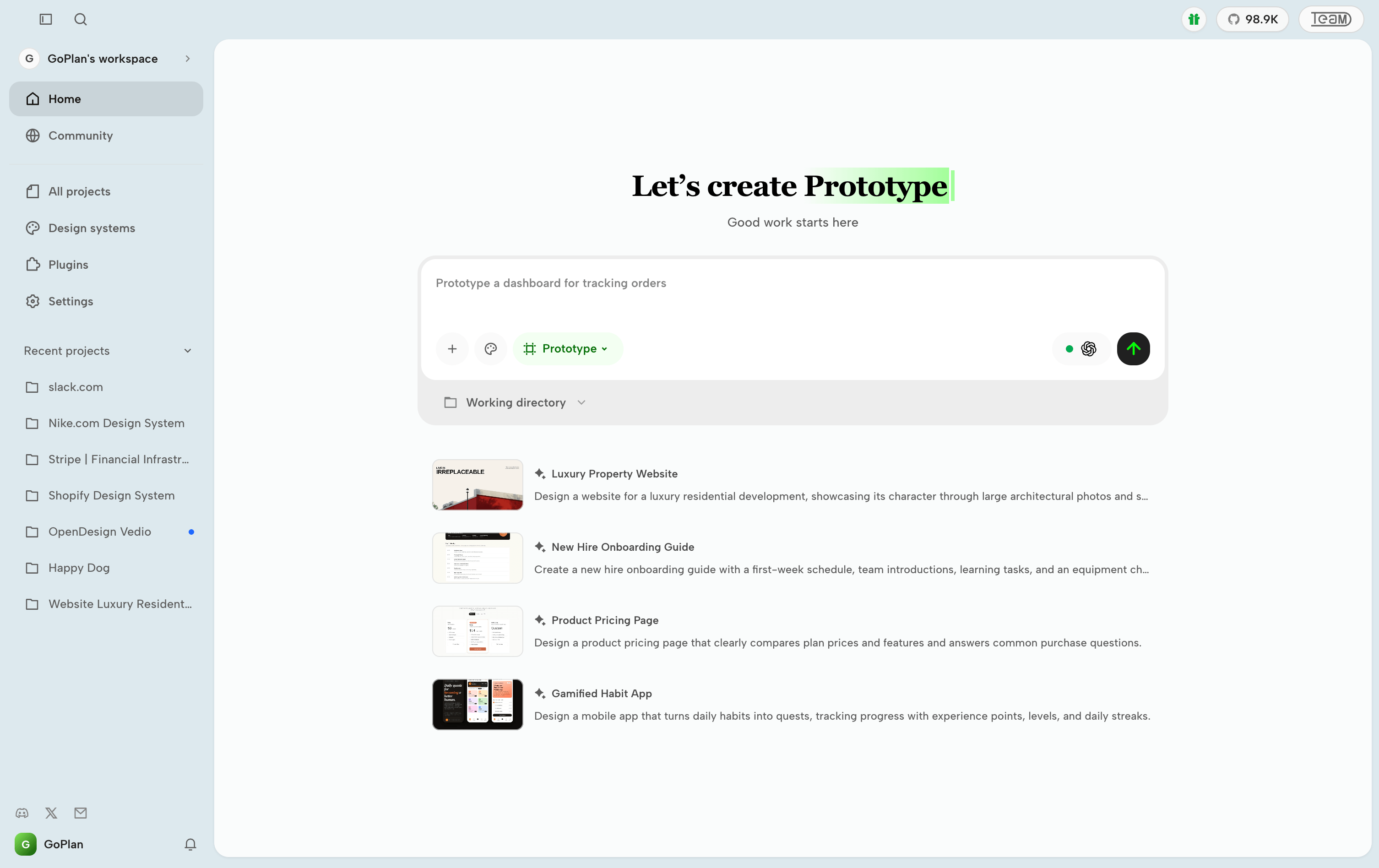 OpenDesign 工作区首页:原型输入框("Prototype a dashboard for tracking orders")、最近项目(slack.com / Nike / Stripe / Shopify Design System)与示例原型(官方 README 截图)