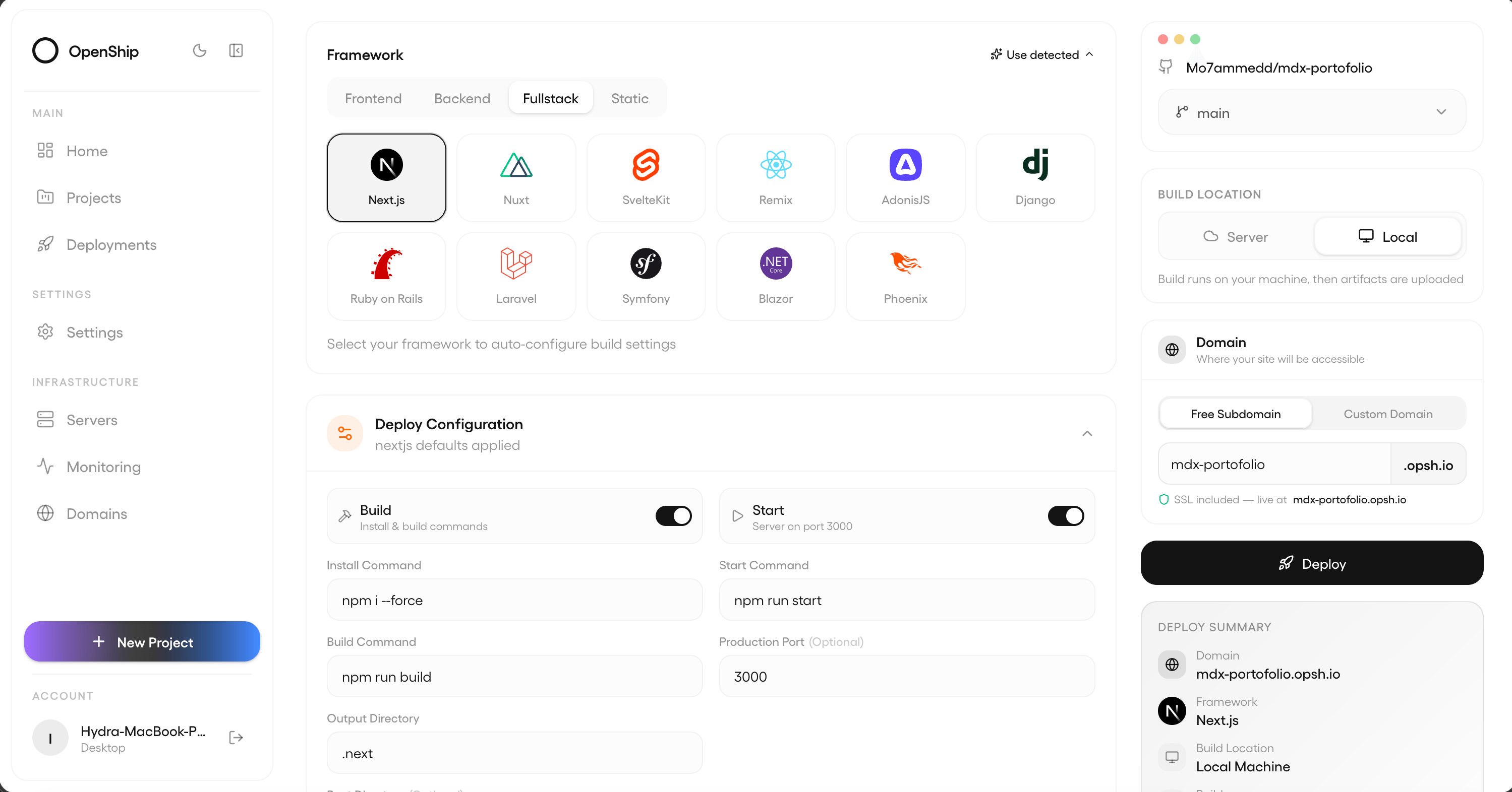 Openship 控制台：自动识别 Next.js/Nuxt/SvelteKit 等框架，可选本地或服务器构建，免费子域自带 SSL