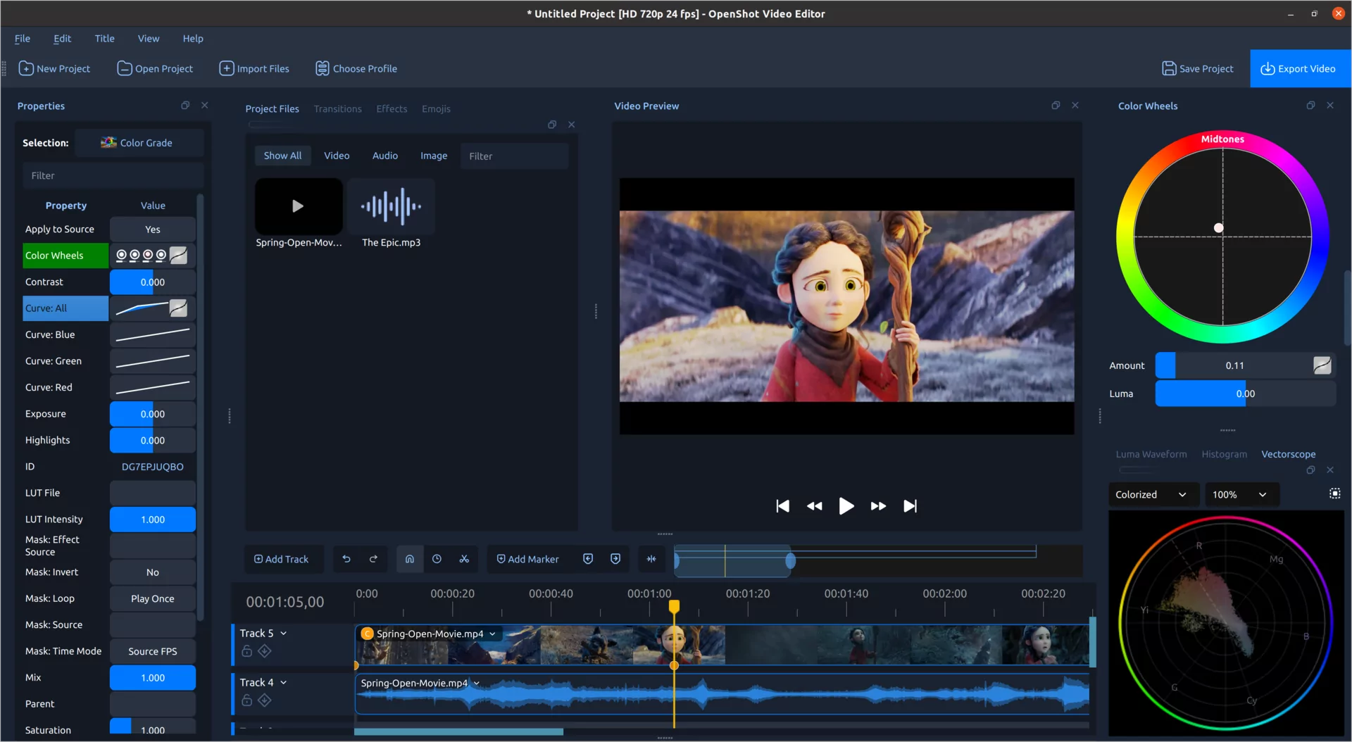 OpenShot 4.0 新增的 Color View:视频预览、时间线、色轮与示波器同屏(官方截图)