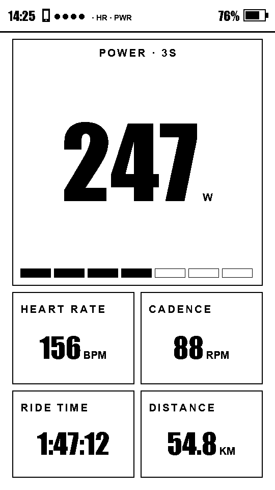 OpenTrailPaper 墨水屏仪表盘:247W 功率、156bpm 心率、88rpm 踏频、54.8km(官方)