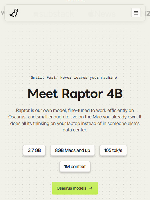 Osaurus 官网:Meet Raptor 4B 与官方公布的四项硬件指标