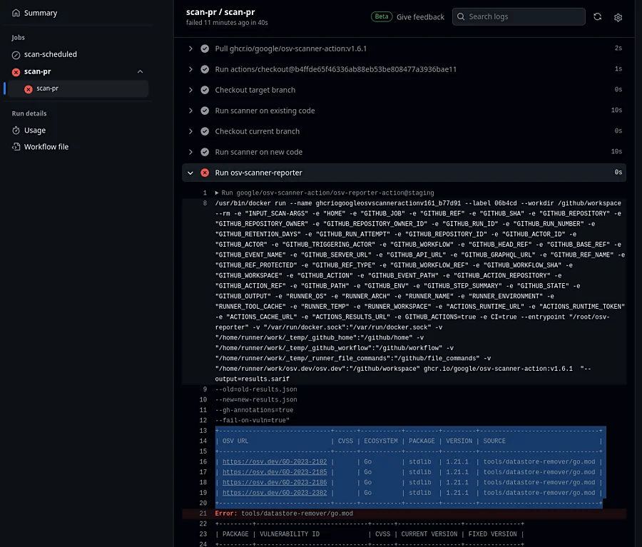 OSV-Scanner 在 GitHub Action 中的输出(官方截图)